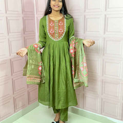 Green  Pure mul chanderi Anarkali with embroidery work