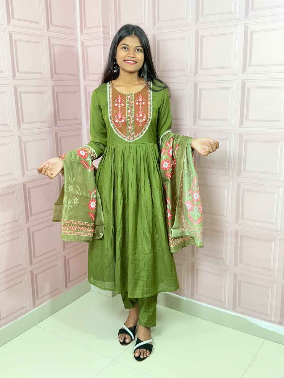 Green  Pure mul chanderi Anarkali with embroidery work
