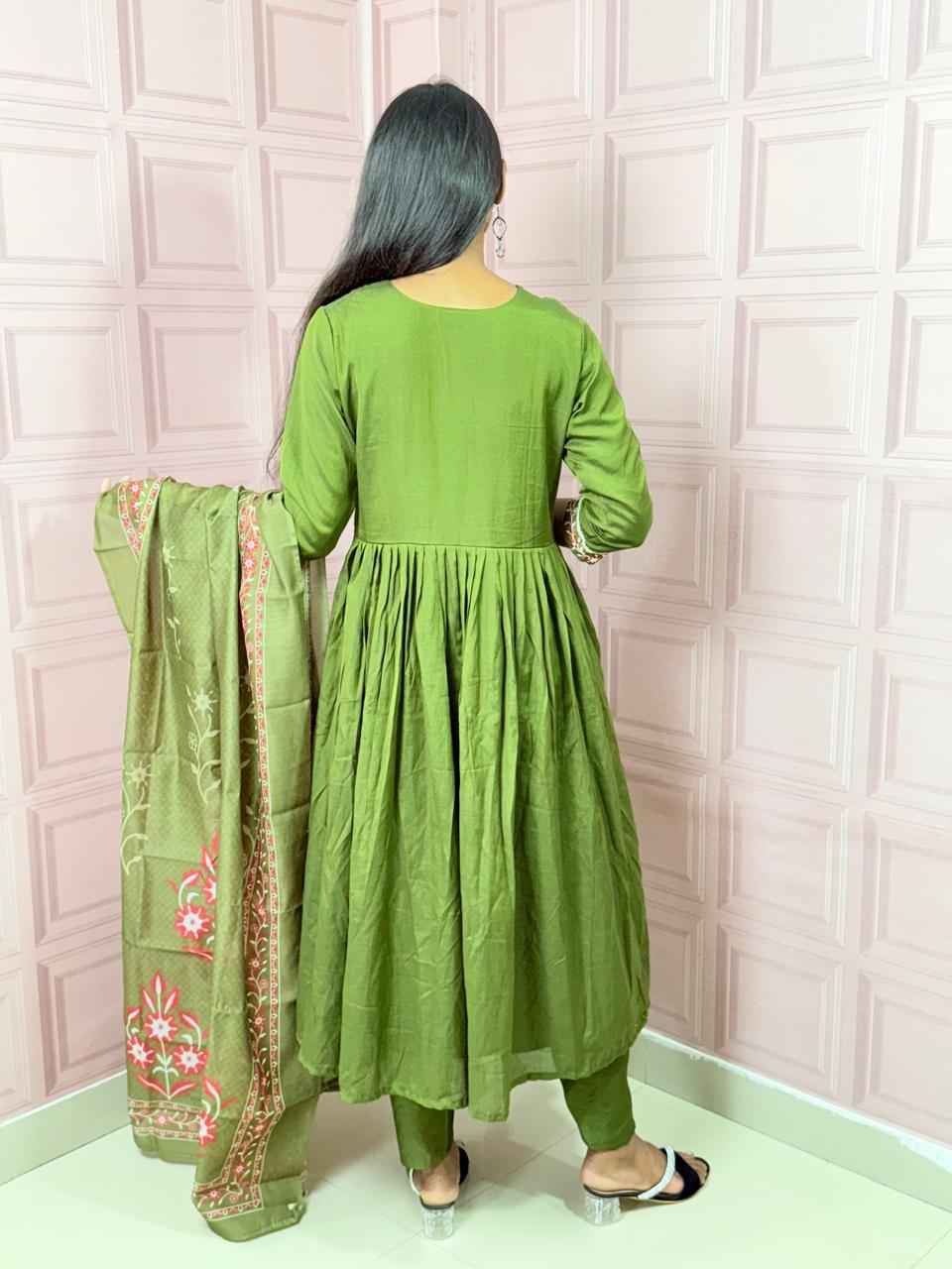 Green  Pure mul chanderi Anarkali with embroidery work