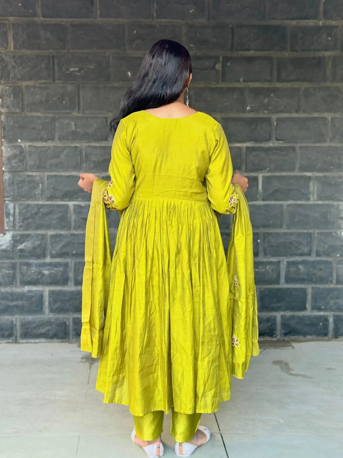 Lime green color Pure Mul chanderi Anarkali