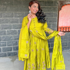 Lime green color Pure Mul chanderi Anarkali