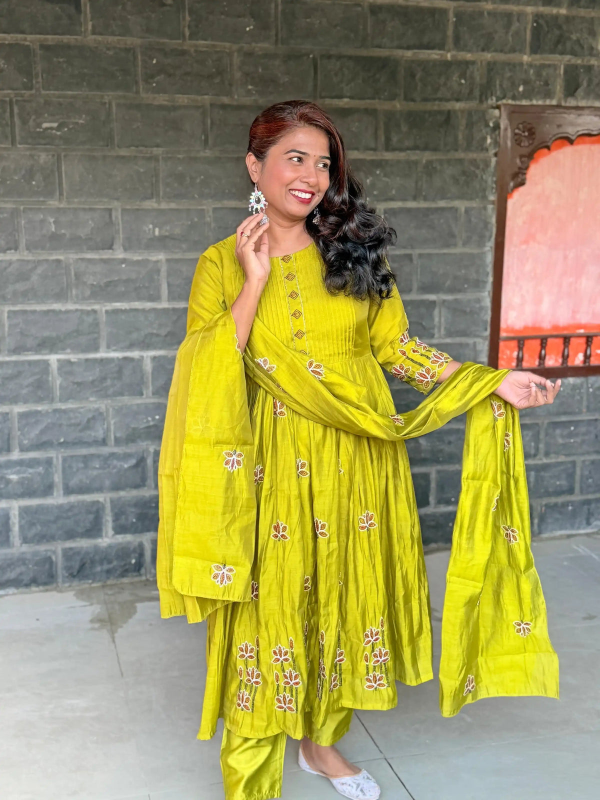 Lime green color Pure Mul chanderi Anarkali