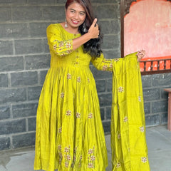 Lime green color Pure Mul chanderi Anarkali