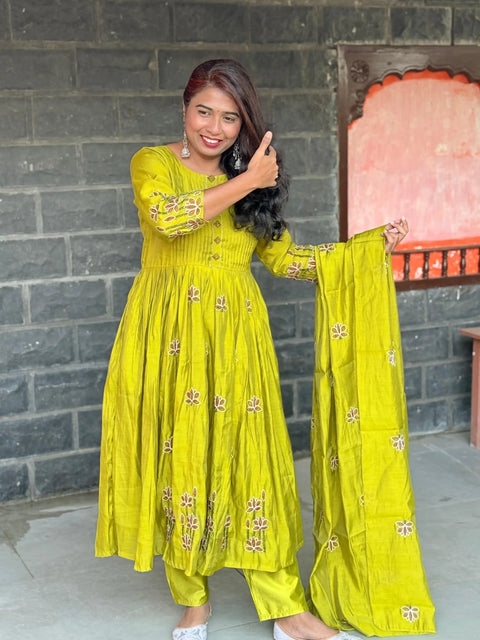 Lime green color Pure Mul chanderi Anarkali