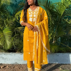 Yellow cotton straight kurta set with  chikankari embroidery