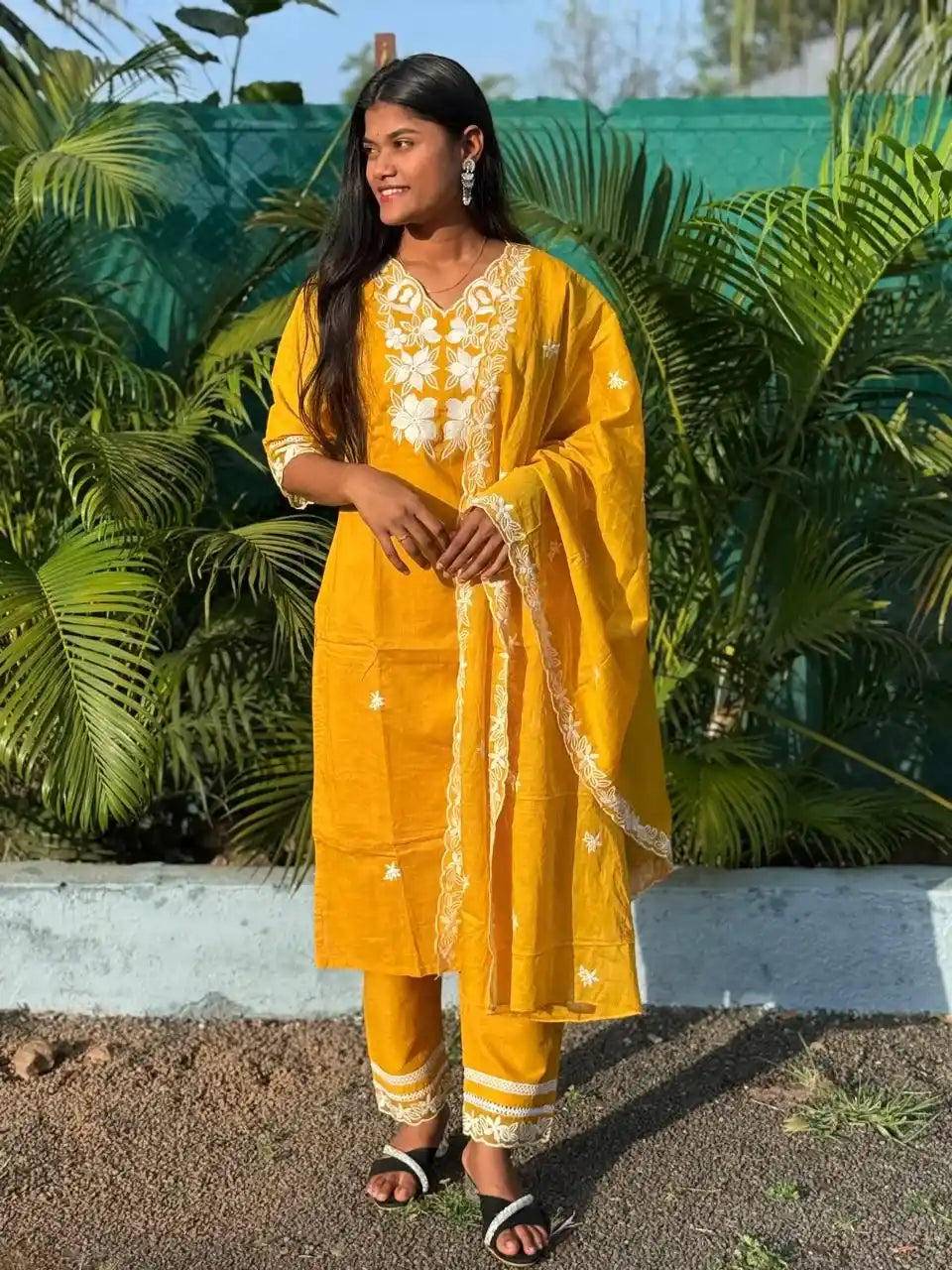 Yellow cotton straight kurta set with  chikankari embroidery