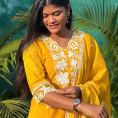 Yellow cotton straight kurta set with  chikankari embroidery