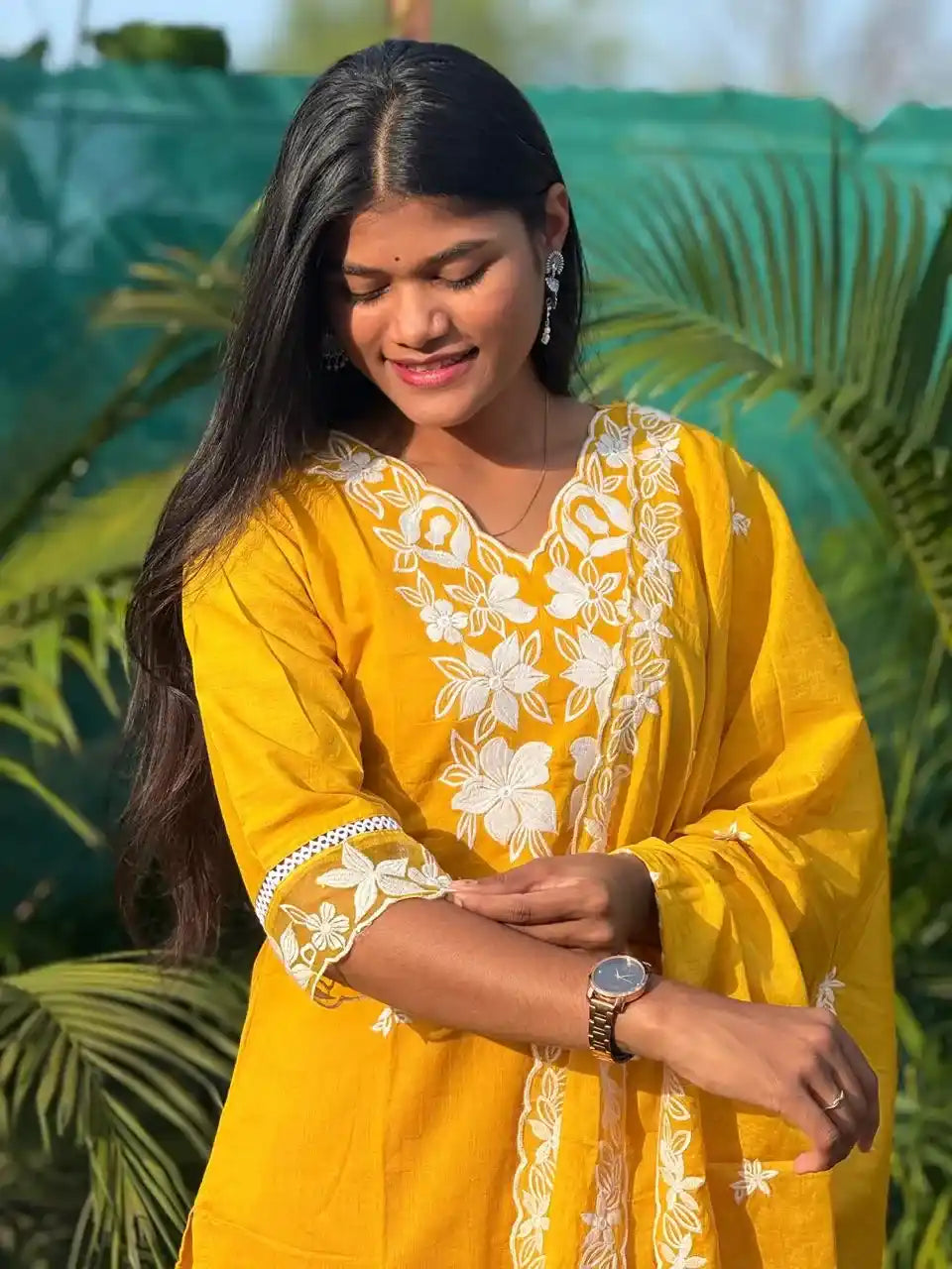 Yellow cotton straight kurta set with  chikankari embroidery