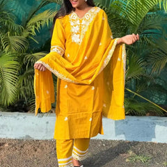 Yellow cotton straight kurta set with  chikankari embroidery