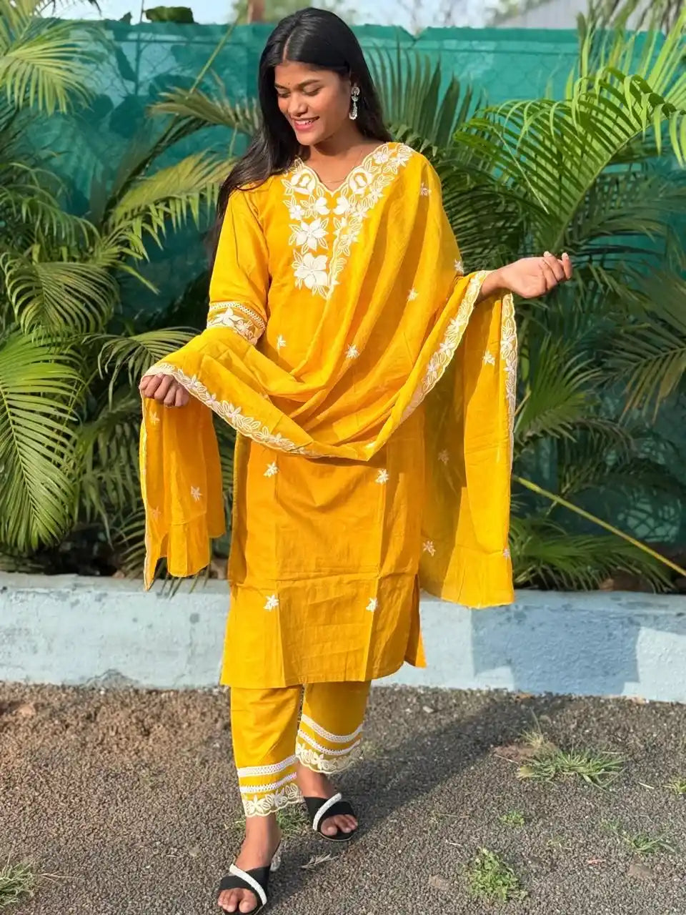 Yellow cotton straight kurta set with  chikankari embroidery