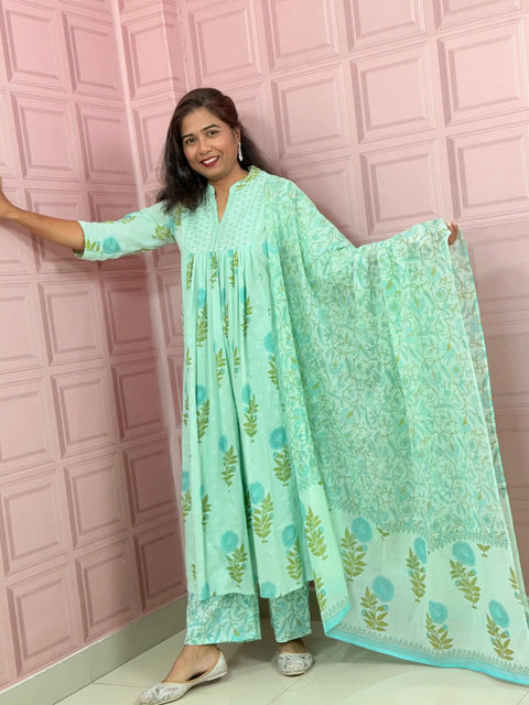 Mint Green Premium cotton Anarkali with block print