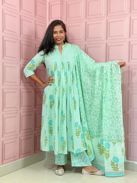 Mint Green Premium cotton Anarkali with block print