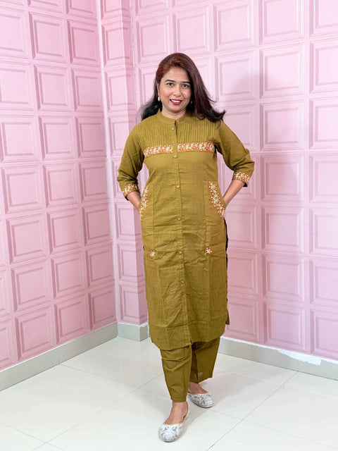 Green Cotton Co-ord set with embriodery