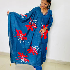 Blue color Silk Digital print  Straight suit set with digital Print dupatta