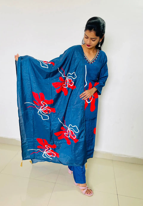Blue color Silk Digital print  Straight suit set with digital Print dupatta
