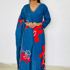 Blue color Silk Digital print  Straight suit set with digital Print dupatta
