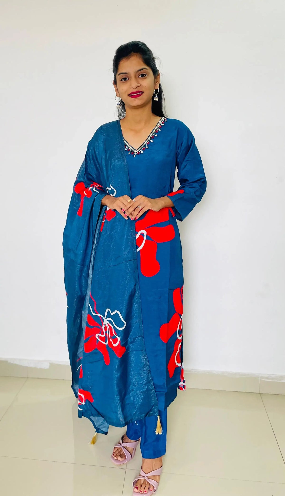 Blue color Silk Digital print  Straight suit set with digital Print dupatta