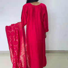 Red color embroidery work straight kurta set with banarsi dupatta