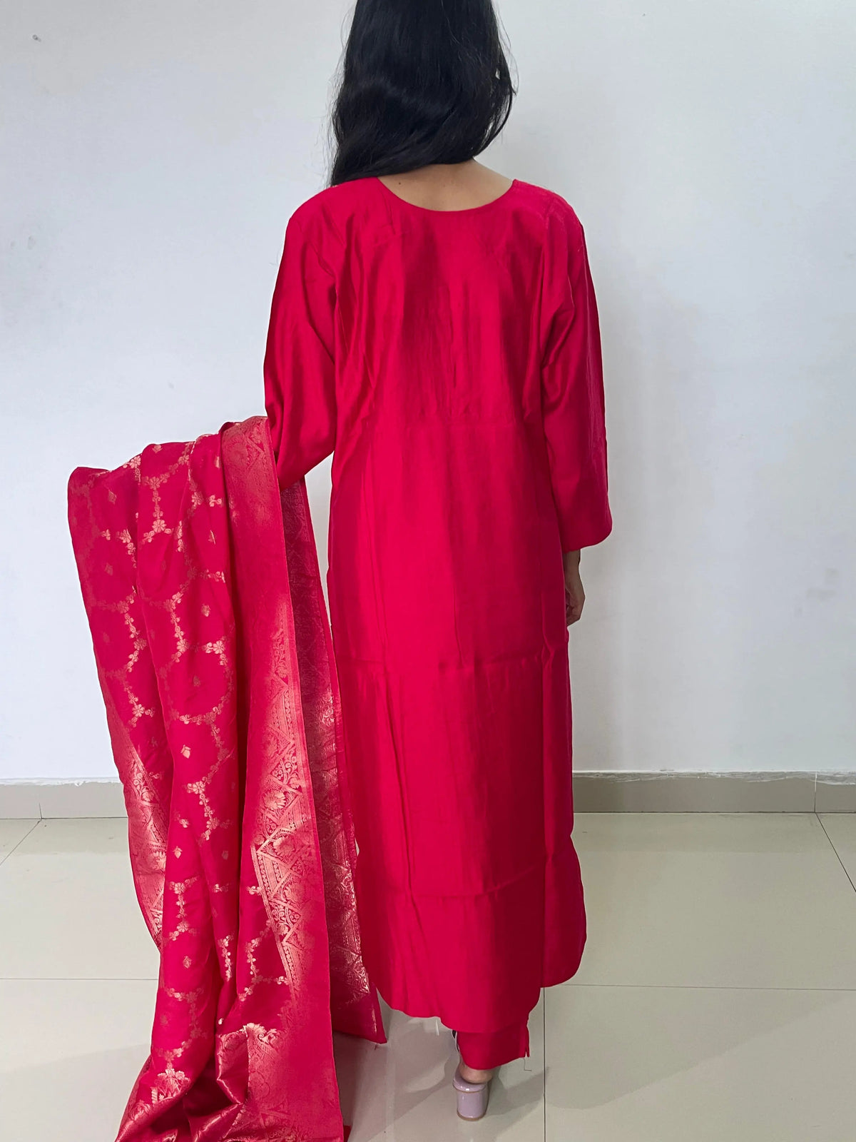 Red color embroidery work straight kurta set with banarsi dupatta