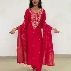 Red color embroidery work straight kurta set with banarsi dupatta