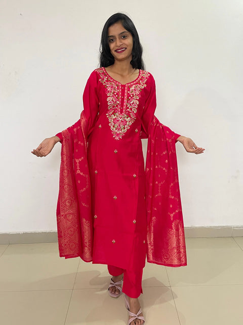 Red color embroidery work straight kurta set with banarsi dupatta