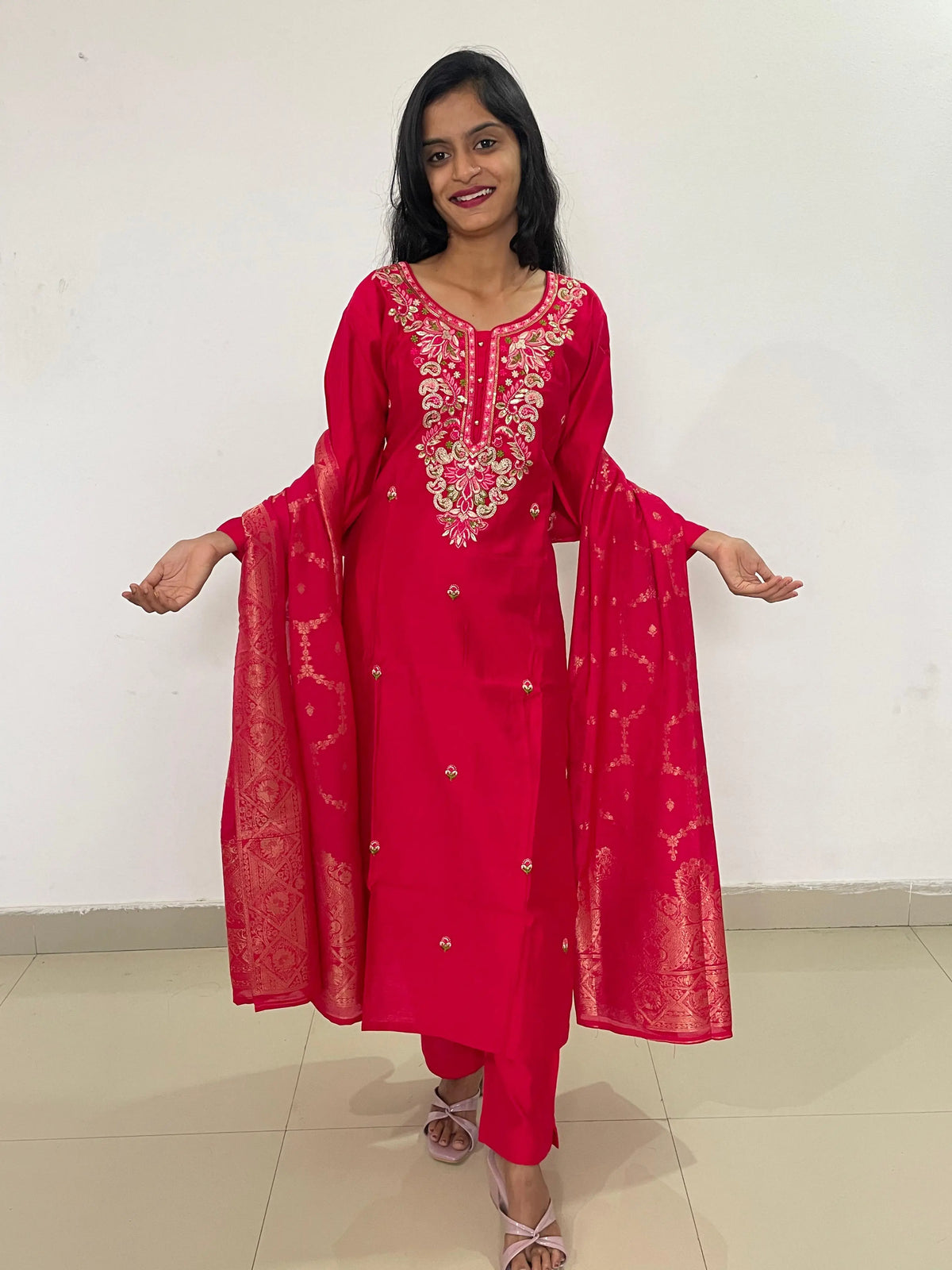 Red color embroidery work straight kurta set with banarsi dupatta