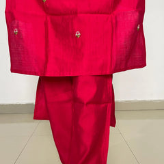 Red color embroidery work straight kurta set with banarsi dupatta