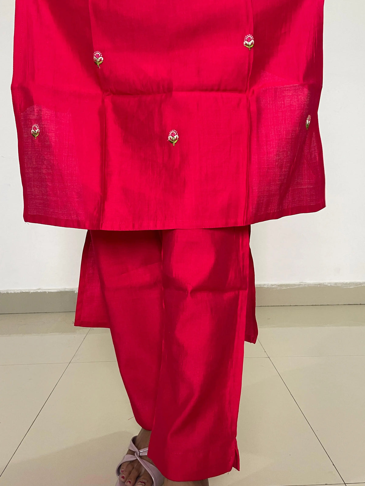 Red color embroidery work straight kurta set with banarsi dupatta