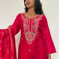 Red color embroidery work straight kurta set with banarsi dupatta