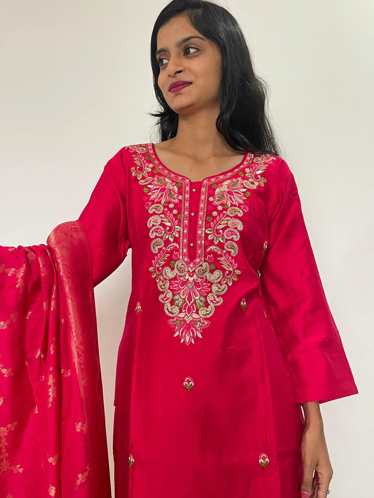 Red color embroidery work straight kurta set with banarsi dupatta