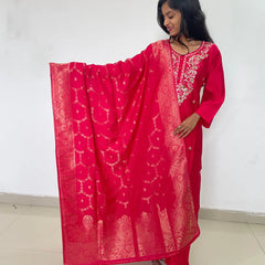Red color embroidery work straight kurta set with banarsi dupatta