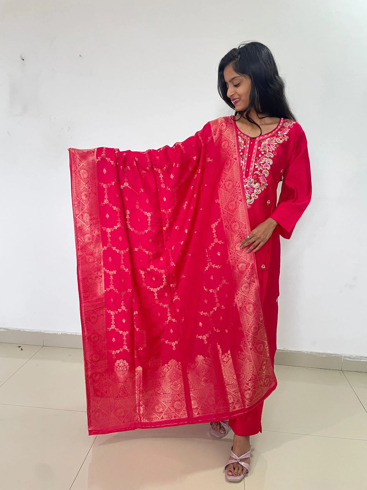 Red color embroidery work straight kurta set with banarsi dupatta