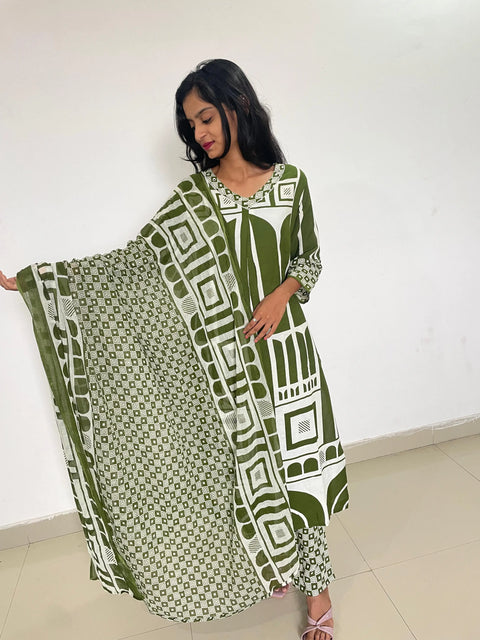 Green color digital print A-line kurta set