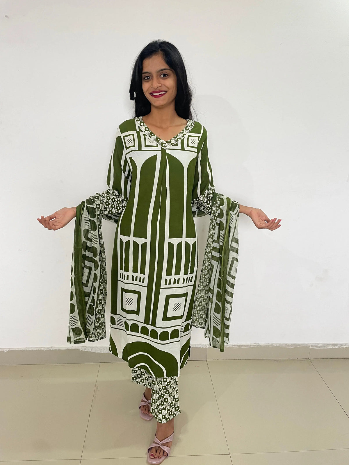Green color digital print A-line kurta set