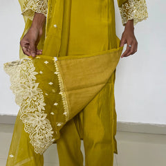 yellow color beautiful embroidery work straight kurta set