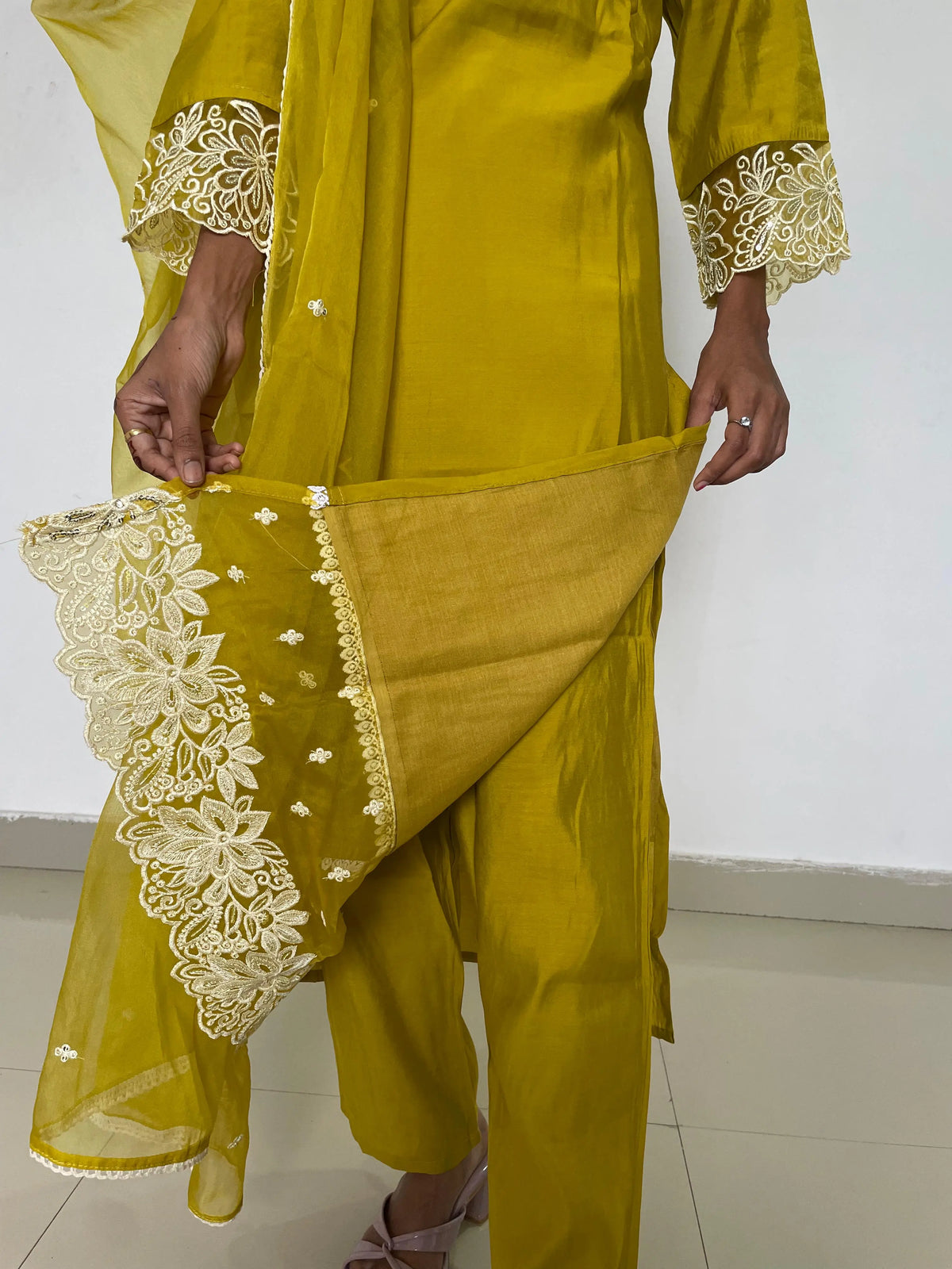yellow color beautiful embroidery work straight kurta set
