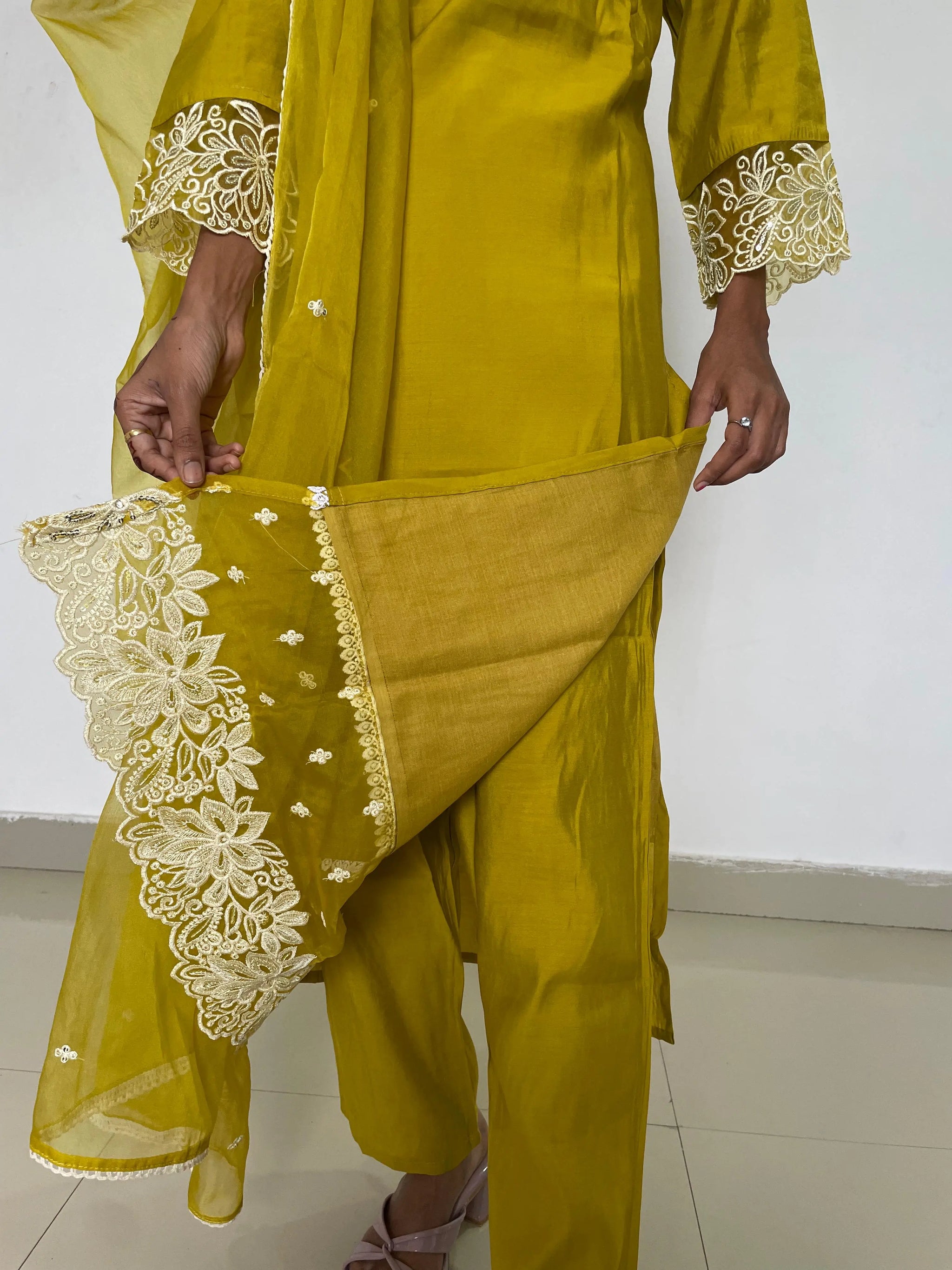 yellow color beautiful embroidery work straight kurta set