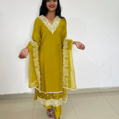 yellow color beautiful embroidery work straight kurta set