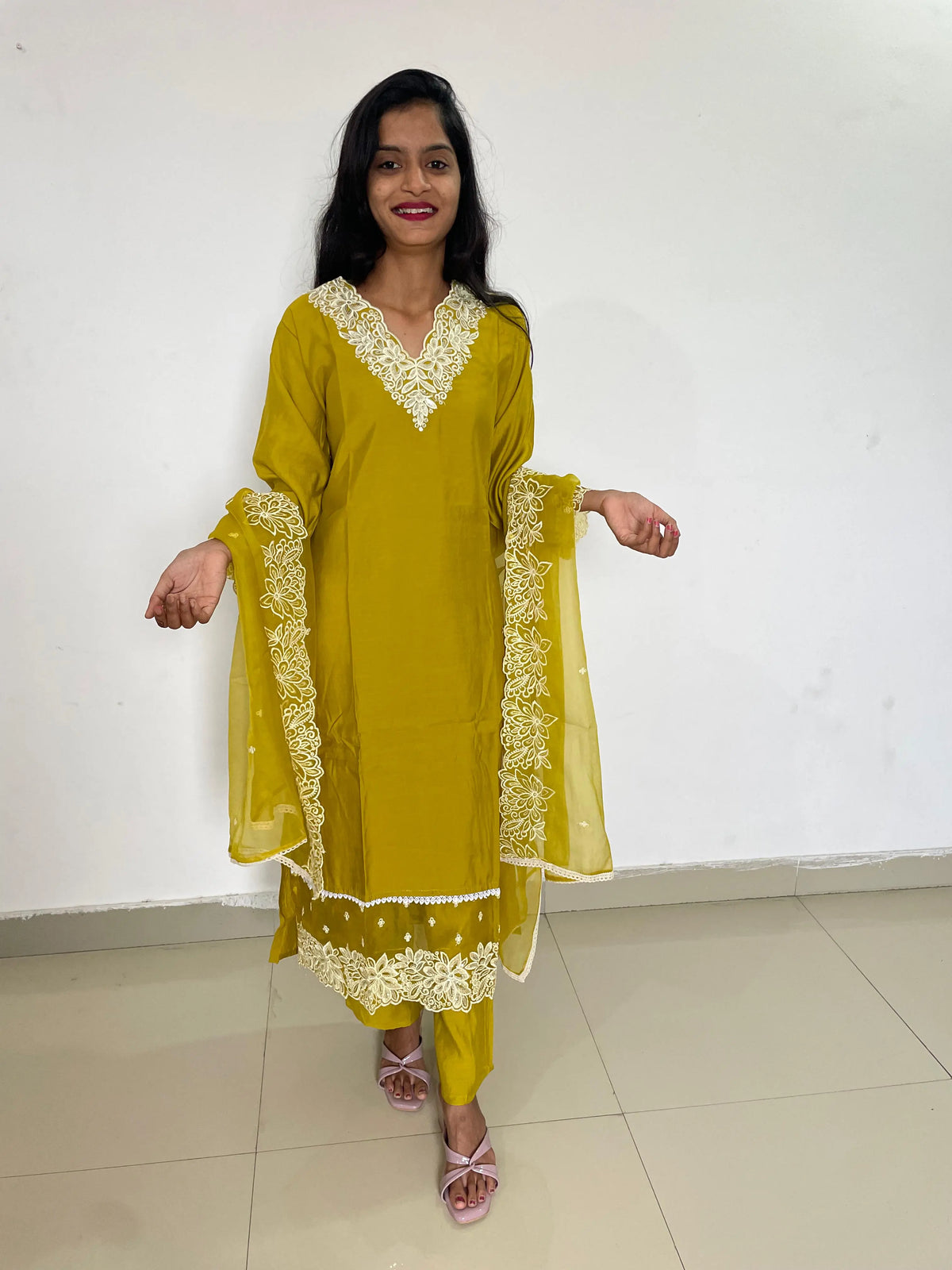 yellow color beautiful embroidery work straight kurta set