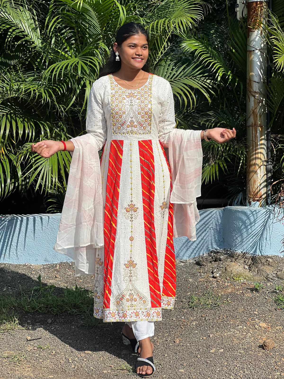 cotton schiffli Anarkali suit with embroidery