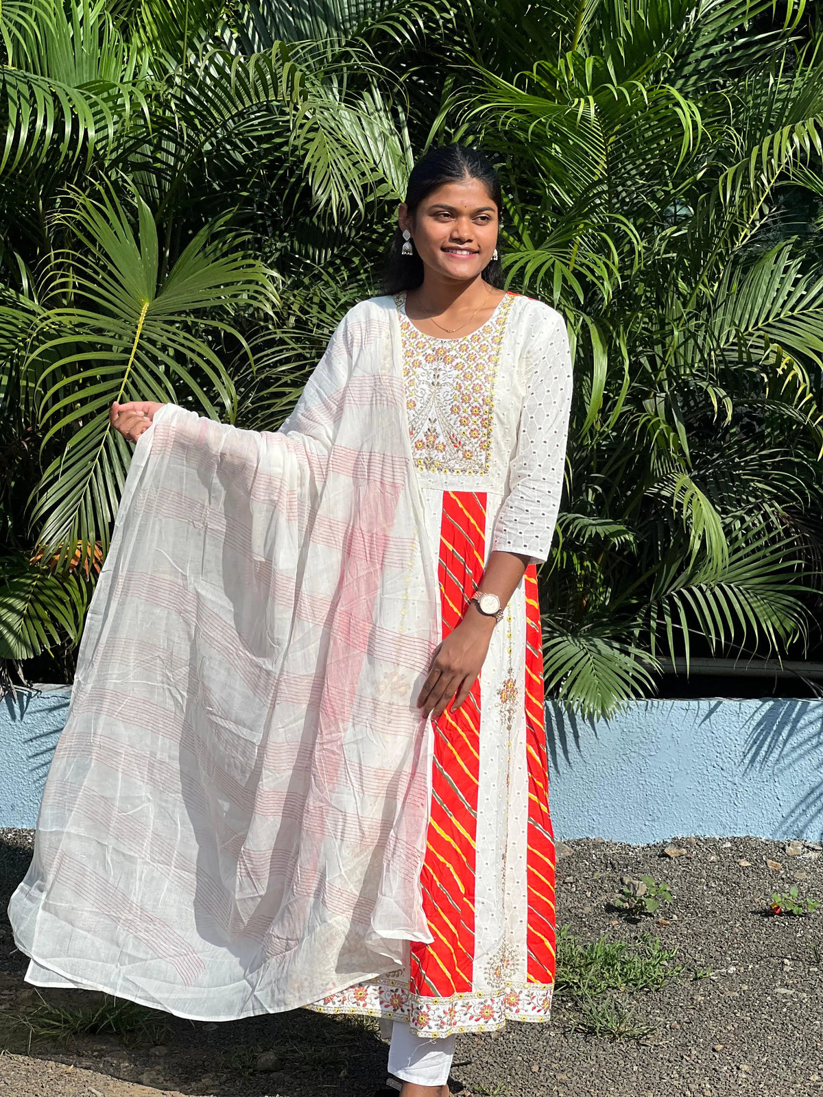 cotton schiffli Anarkali suit with embroidery