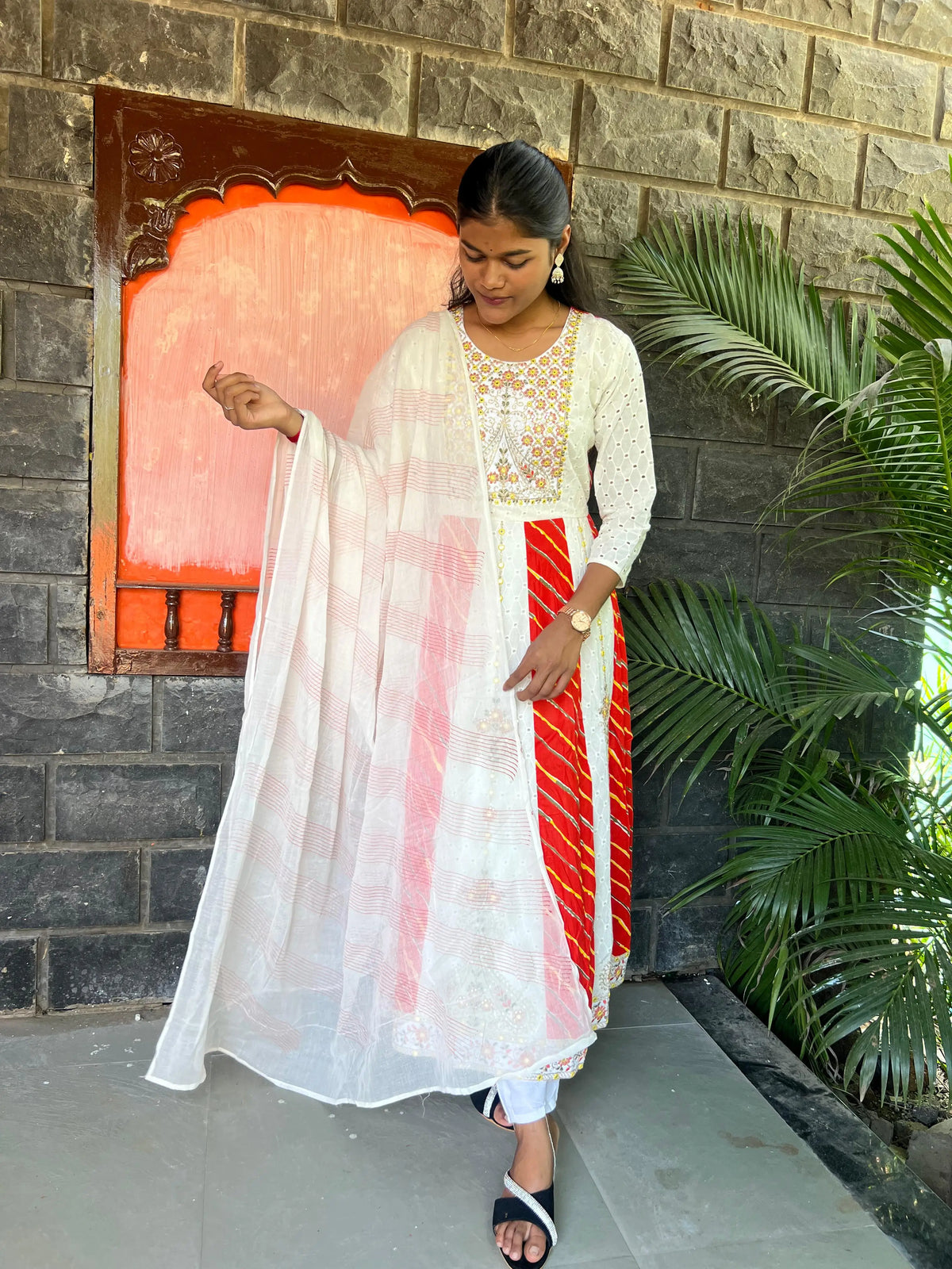 cotton schiffli Anarkali suit with embroidery