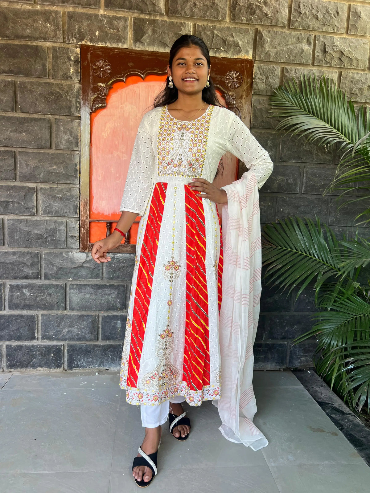 cotton schiffli Anarkali suit with embroidery