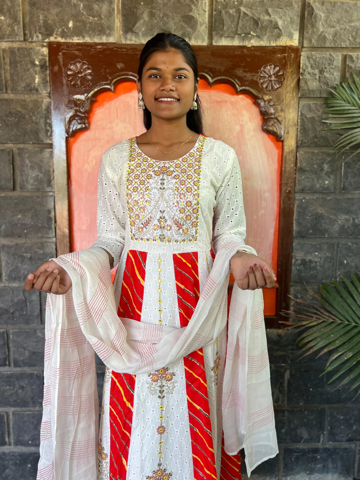 cotton schiffli Anarkali suit with embroidery