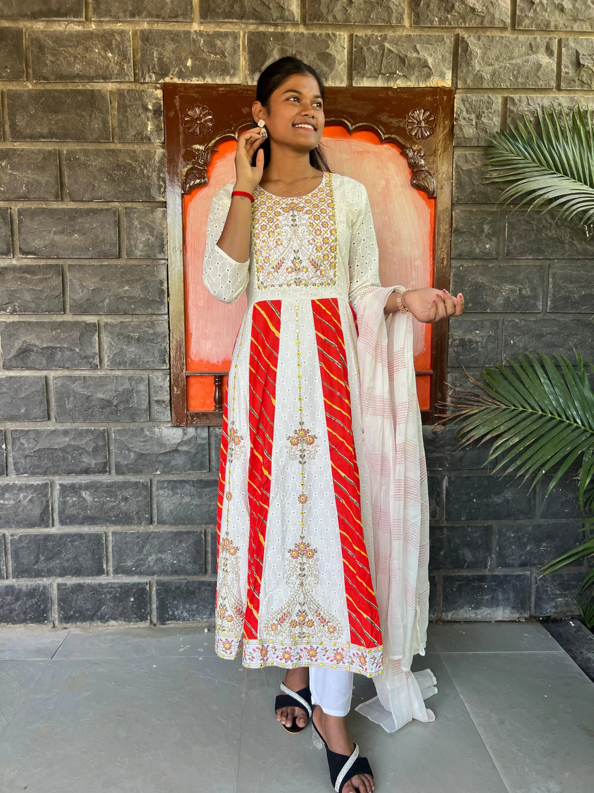 cotton schiffli Anarkali suit with embroidery