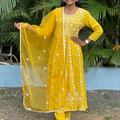Rayon Anarkali suit with chikankari work with organza dupatta
