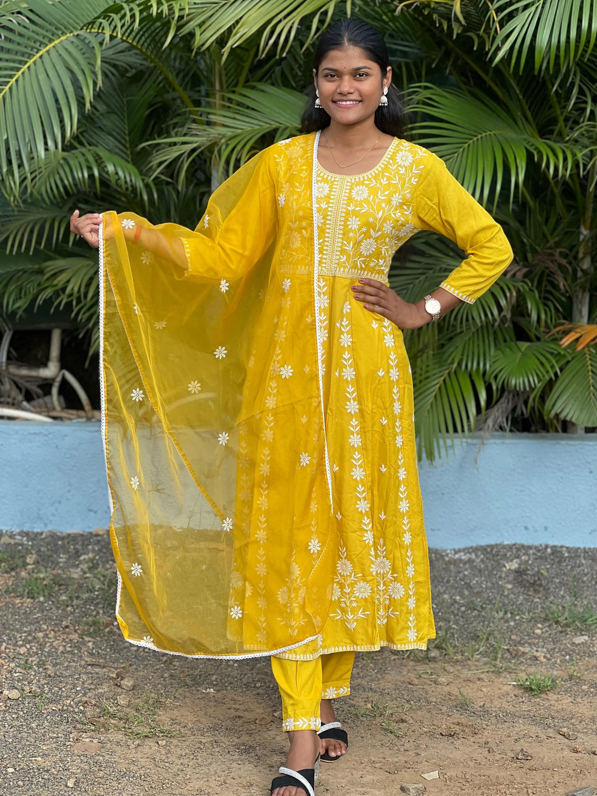 Rayon Anarkali suit with chikankari work with organza dupatta