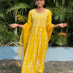 Rayon Anarkali suit with chikankari work with organza dupatta