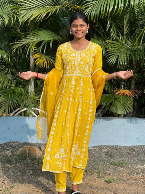 Rayon Anarkali suit with chikankari work with organza dupatta