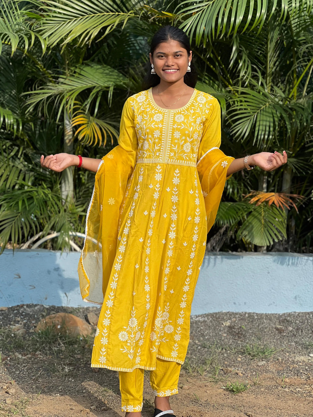 Rayon Anarkali suit with chikankari work with organza dupatta